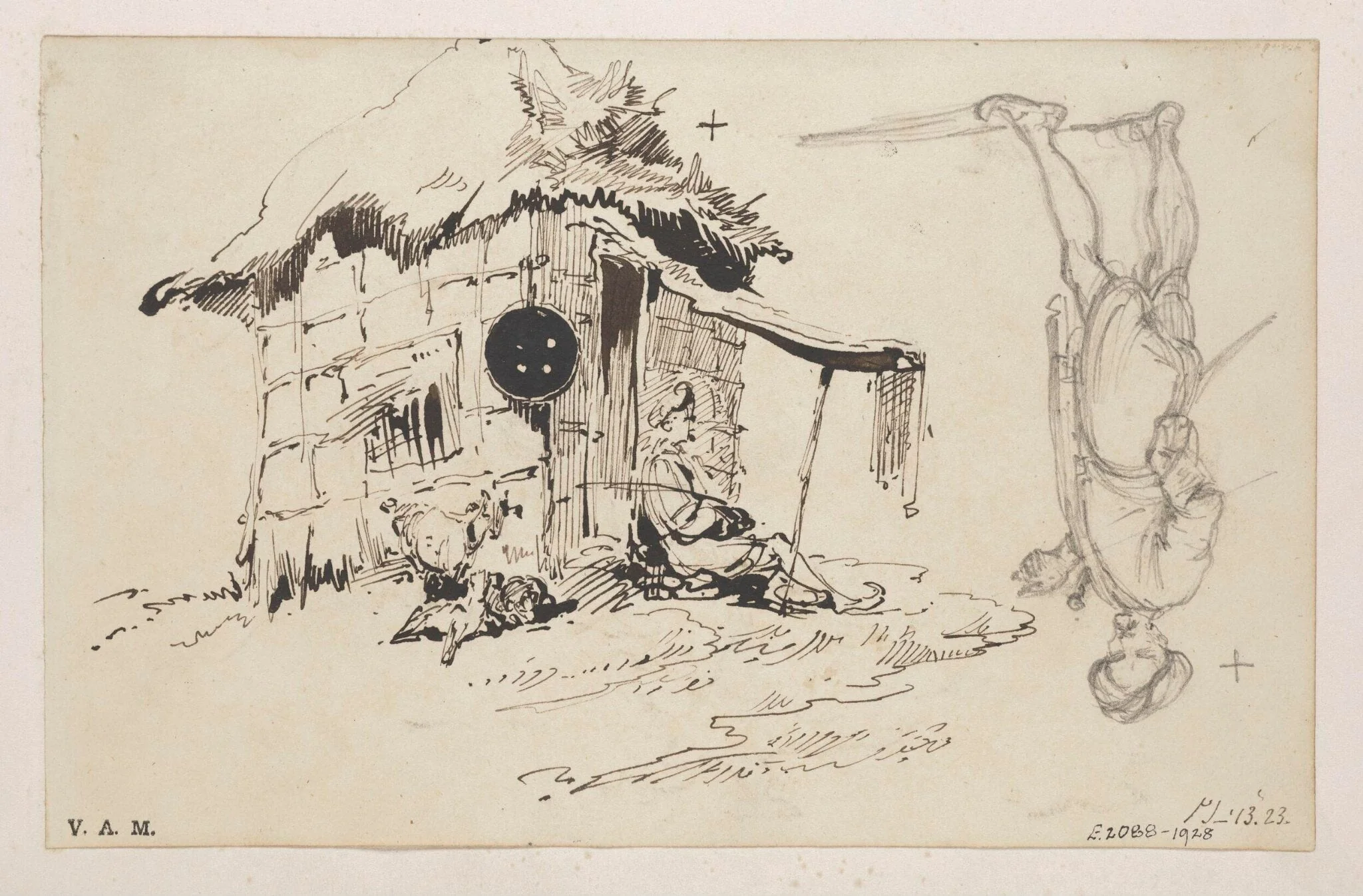 A chowkidar, or village watchman, by his hut, detail