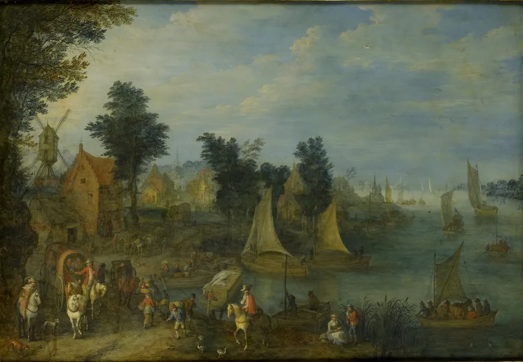 Village on the Bank of a River, by Joseph van Bredael, oil, 1723