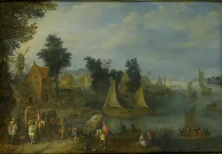 Village on the Bank of a River, by Joseph van Bredael, oil, 1723