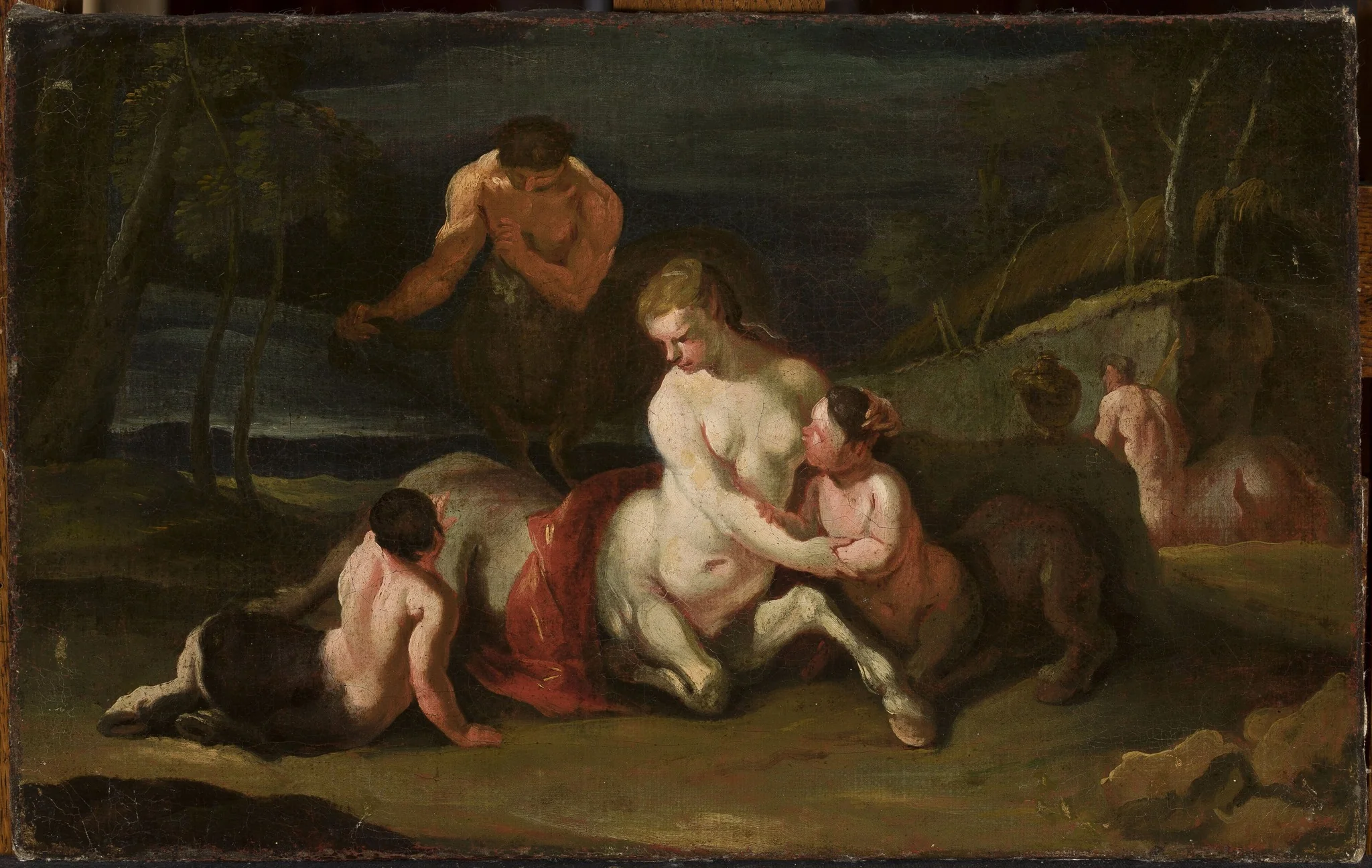 Portrait of centaur family against landscape, detail
