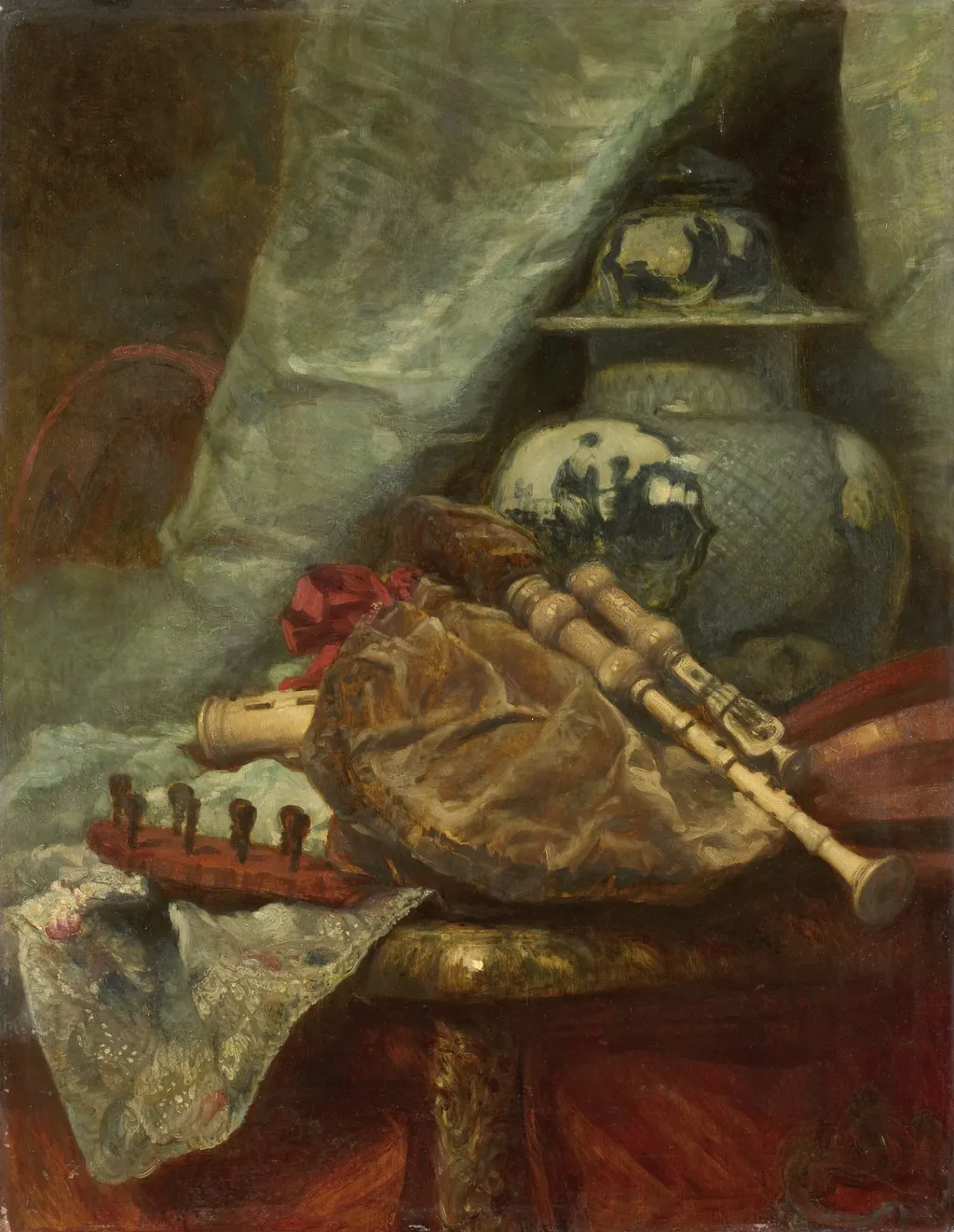 Still Life with Bagpipes, by Adolphe Mouilleron, oil, 1850
