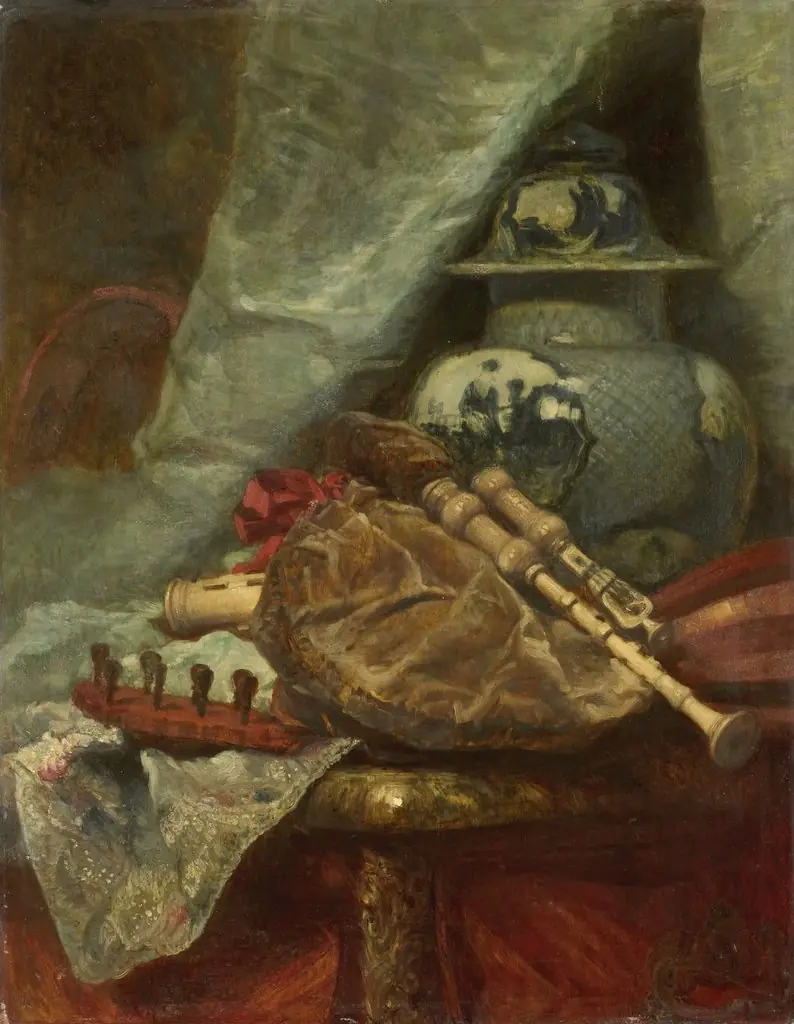 Still Life with Bagpipes, by Adolphe Mouilleron, oil, 1850