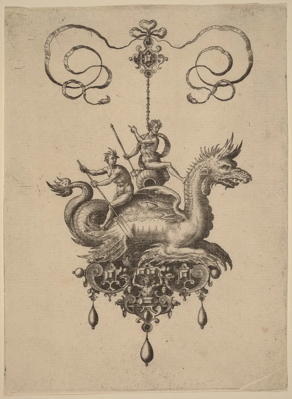 Design for a Pendant with a Sea-Monster Carrying Neptune on an Urn Flanked by a River-God with an Oar, by Adriaen Collaert, ink, 1582
