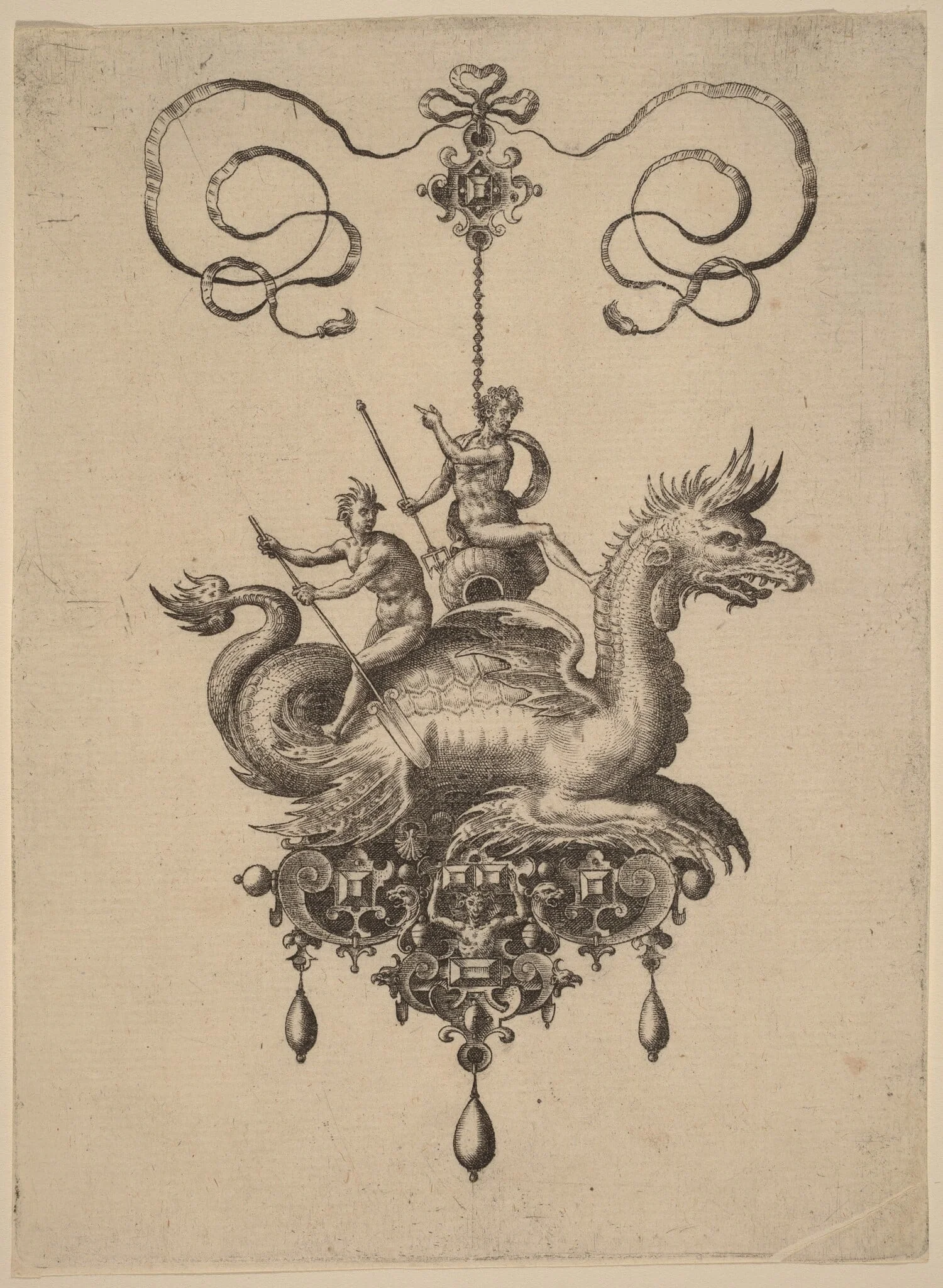 Design for a Pendant with a Sea-Monster Carrying Neptune on an Urn Flanked by a River-God with an Oar, detail