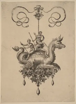 Design for a Pendant with a Sea-Monster Carrying Neptune on an Urn Flanked by a River-God with an Oar, by Adriaen Collaert, ink, 1582