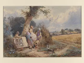 Young Gleaners Resting by a Stile, by Birket Foster, watercolor, 1872