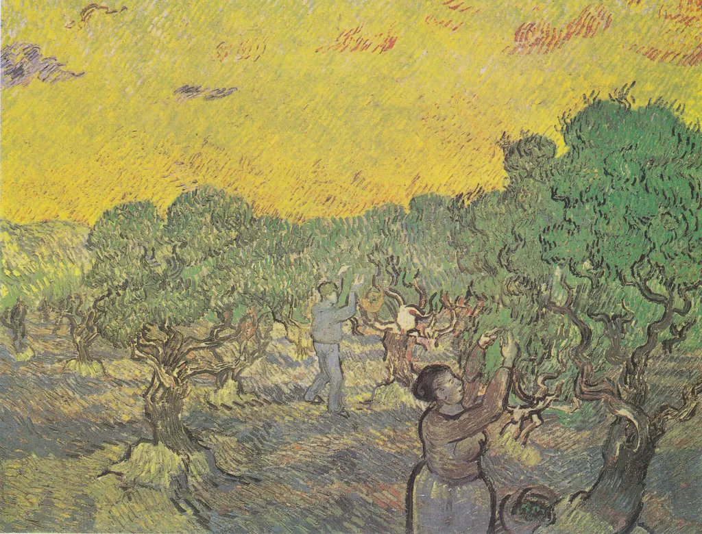 Olive Grove with Picking Figures, by Vincent van Gogh, oil, 1889