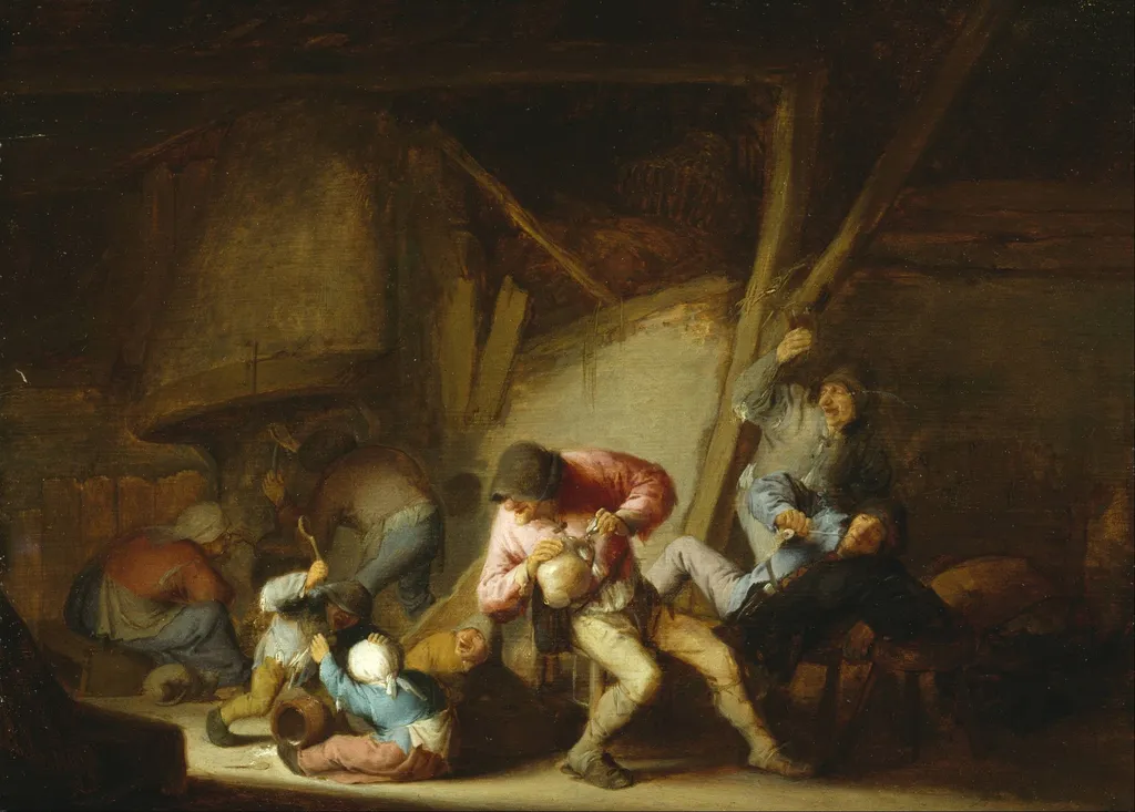 Interior with Drinking Figures and Crying Children, by Adriaen van Ostade, oil, 1634