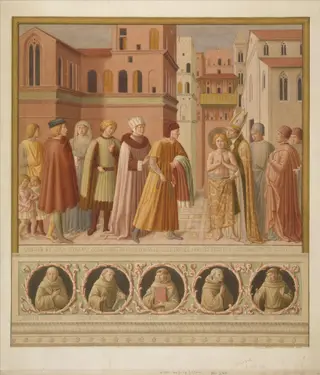 Copy after the cycle of the <i>Life of St Francis</i> (<i>Renunciation of Worldly Goods</i>), Benozzo Gozzoli in San Francesco, Montefalco, by Benozzo Gozzoli, watercolor