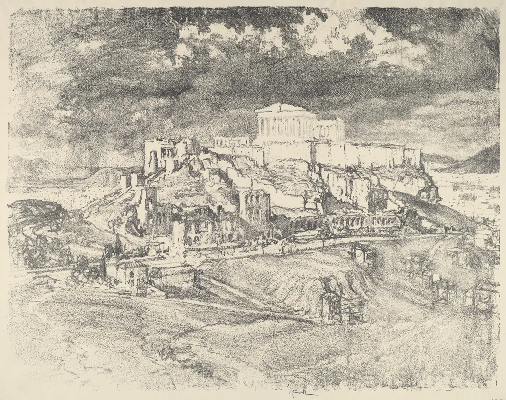 Storm behind the Acropolis, by Joseph Pennell, ink, 1913