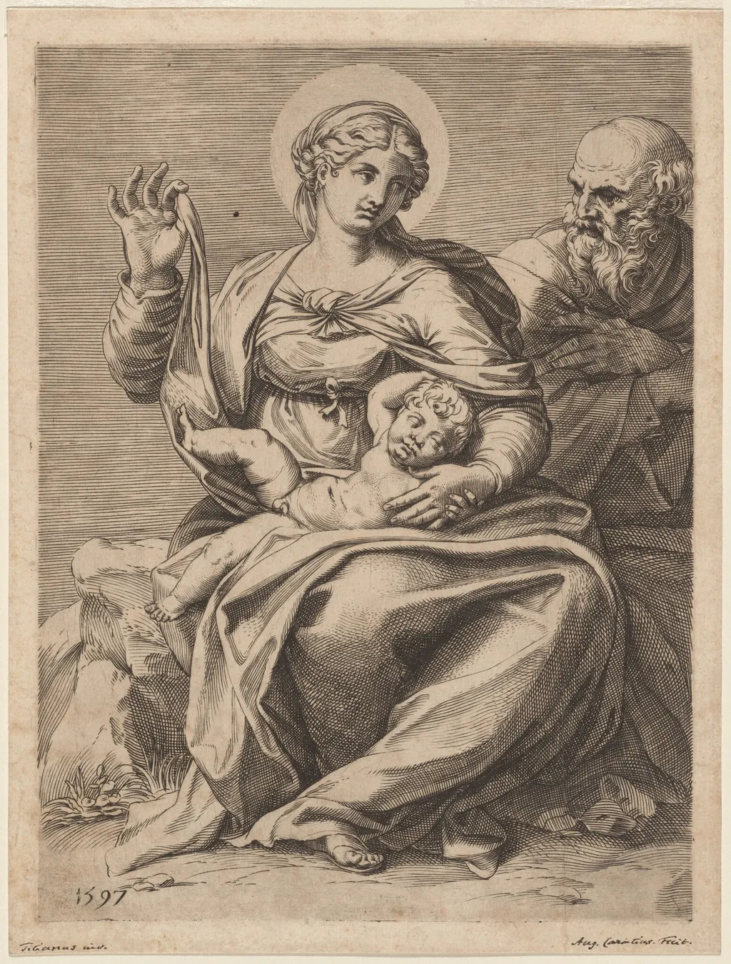 The Holy Family, by Agostino Carracci, ink, 1597