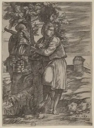 The Shepherd and the Old Warrior, by Domenico Campagnola, ink, 1517