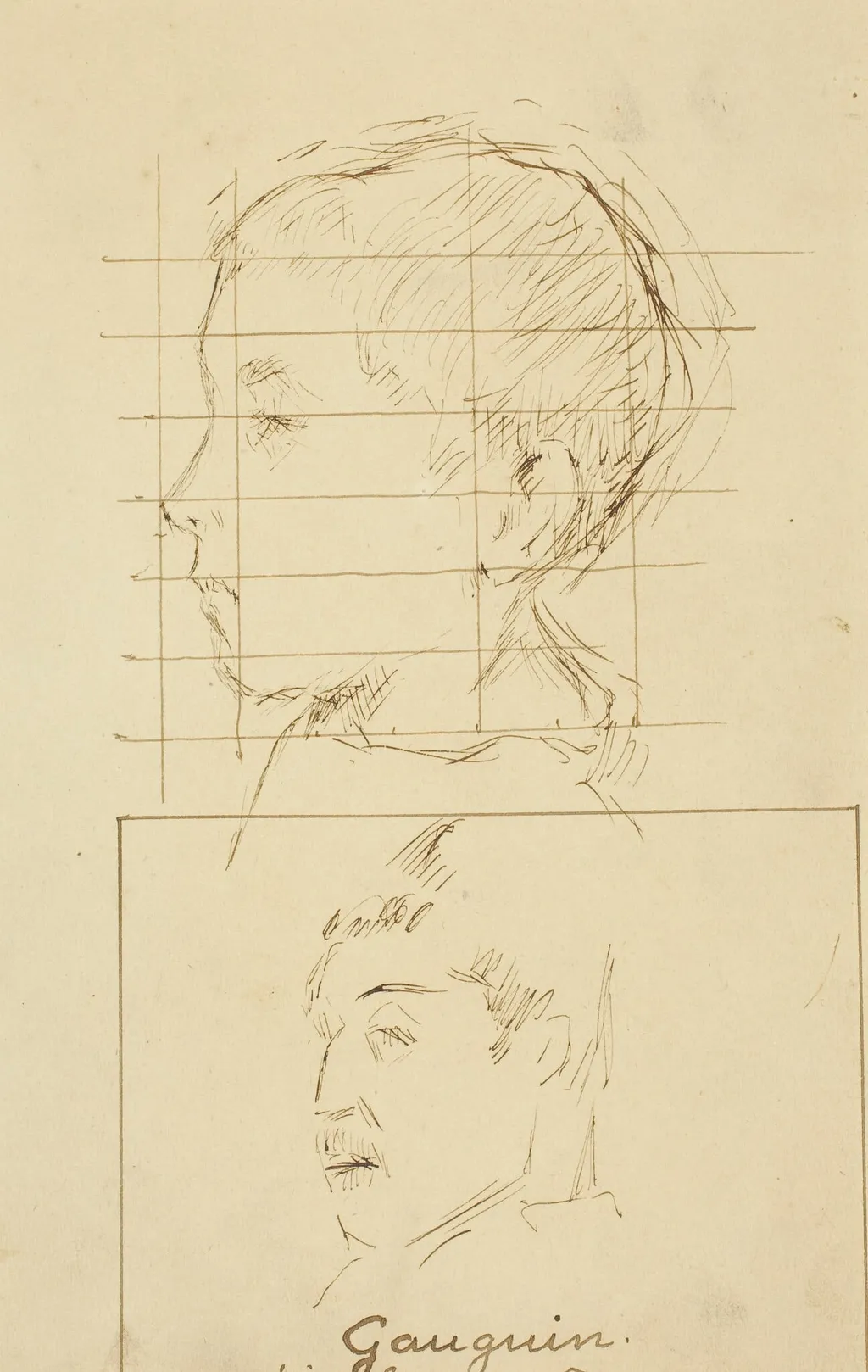 Heads of a Boy and a Man (Self-Portrait?) [verso], by Paul Gauguin, ink, 1886