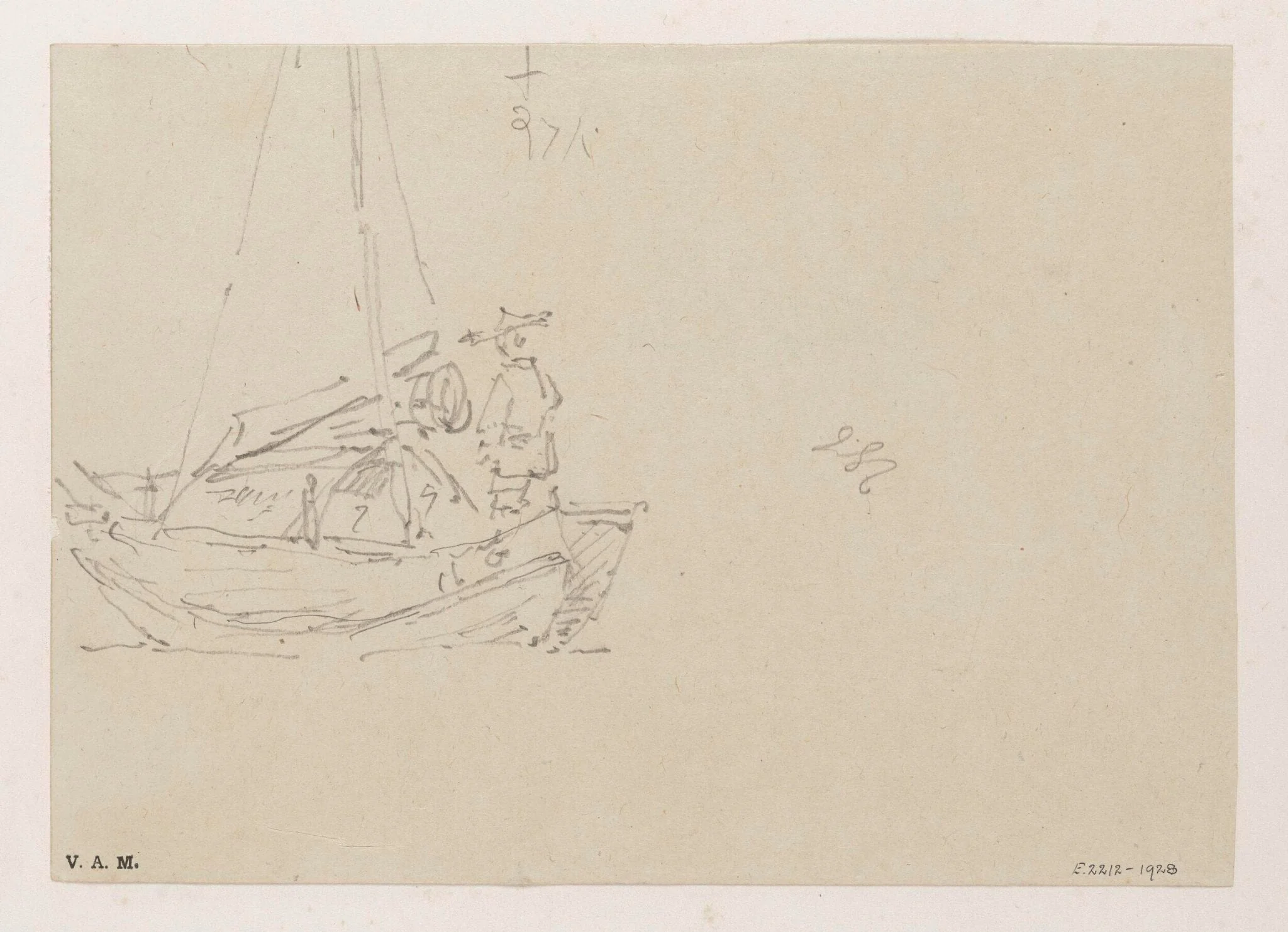 A sketch of a Chinese figure standing in a Tanka boat, detail