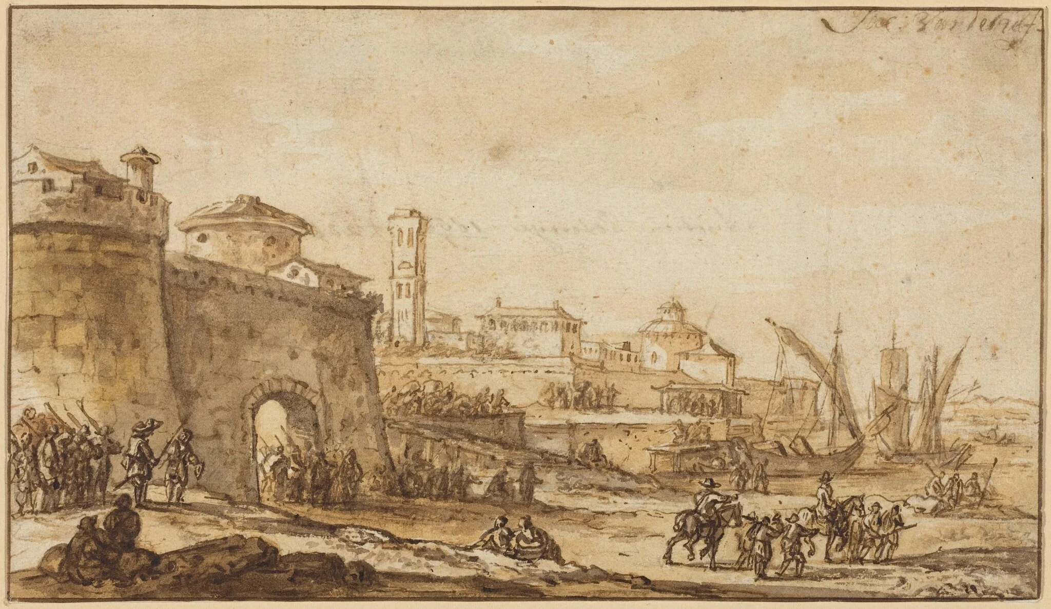A Coastal Scene with a Fortified Town, detail