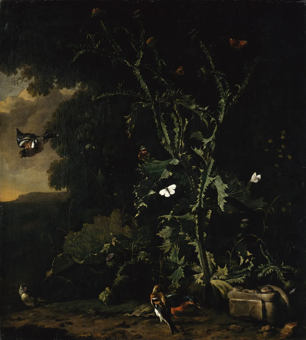 Still Life with Thistles and Birds, by Abraham Begeyn, paint, 1690