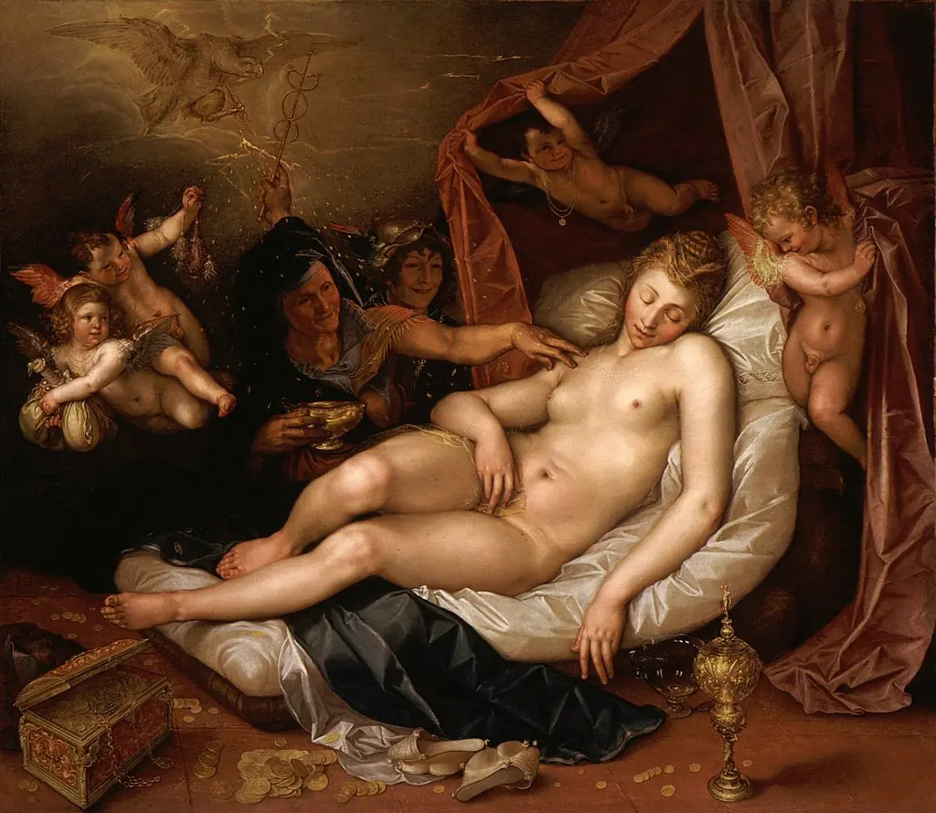 The Sleeping Danae Being Prepared to Receive Jupiter, by Hendrik Goltzius, oil, 1603