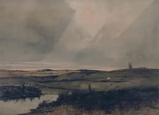 Moor with windmill, by Francesco Francia, watercolor