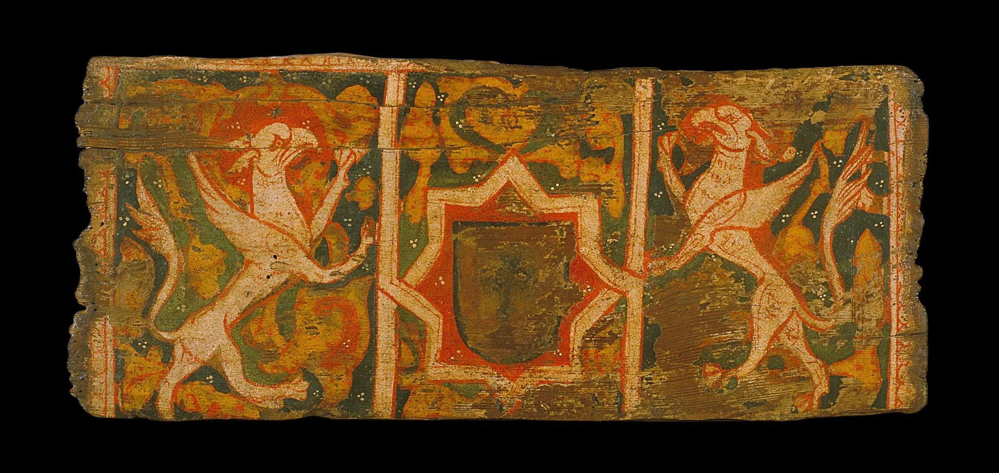 Coffered ceiling panel with coat of arms and griffins rampant, detail