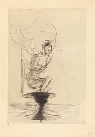 Parfois on trouve un vieux flacon qui se souvient, d'ou jaillit toute vive une ame qui revient (Sometimes one finds an old reminiscing flask, whence issues in full life a returning soul), by Odilon Redon, ink, 1890