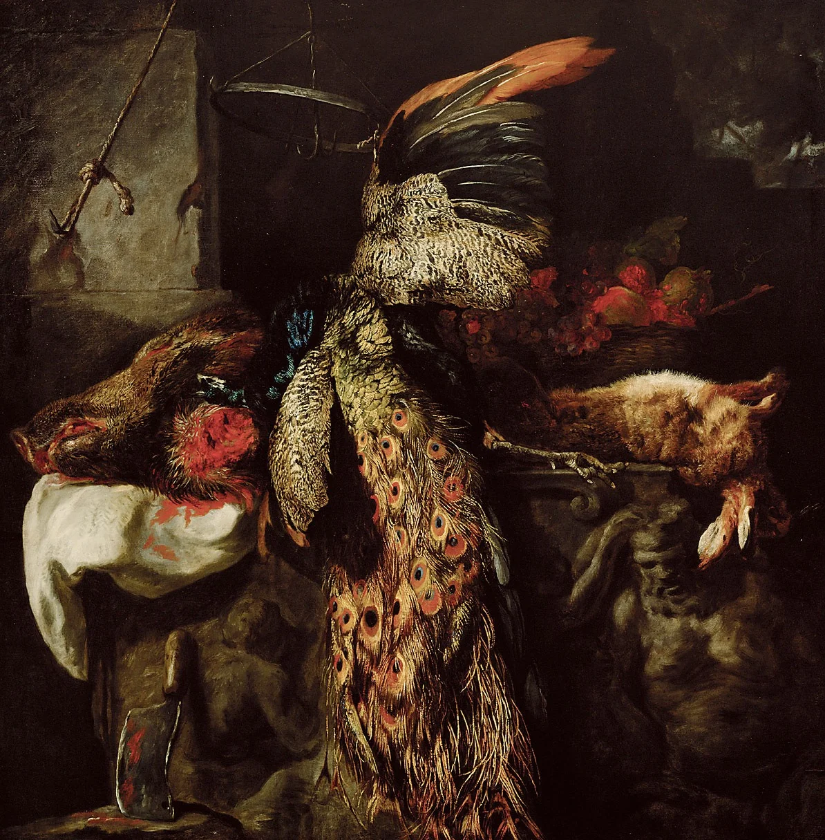 Dead game with dead peacock and a hog's head, detail