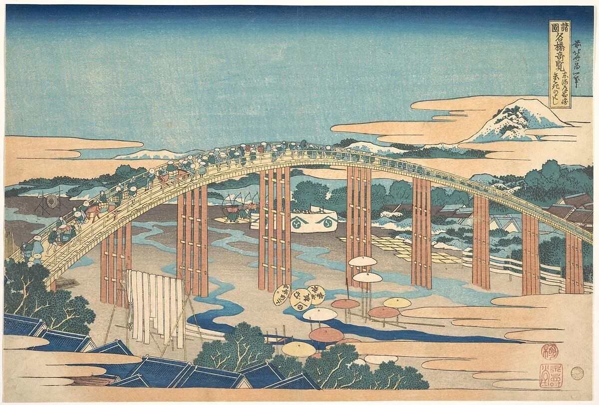 諸國名橋奇覧 東海道岡崎矢はぎのはし|Yahagi Bridge at Okazaki on the Tōkaidō (Tōkaidō Okazaki Yahagi no hashi), from the series Remarkable Views of Bridges in Various Provinces (Shokoku meikyō kiran), detail