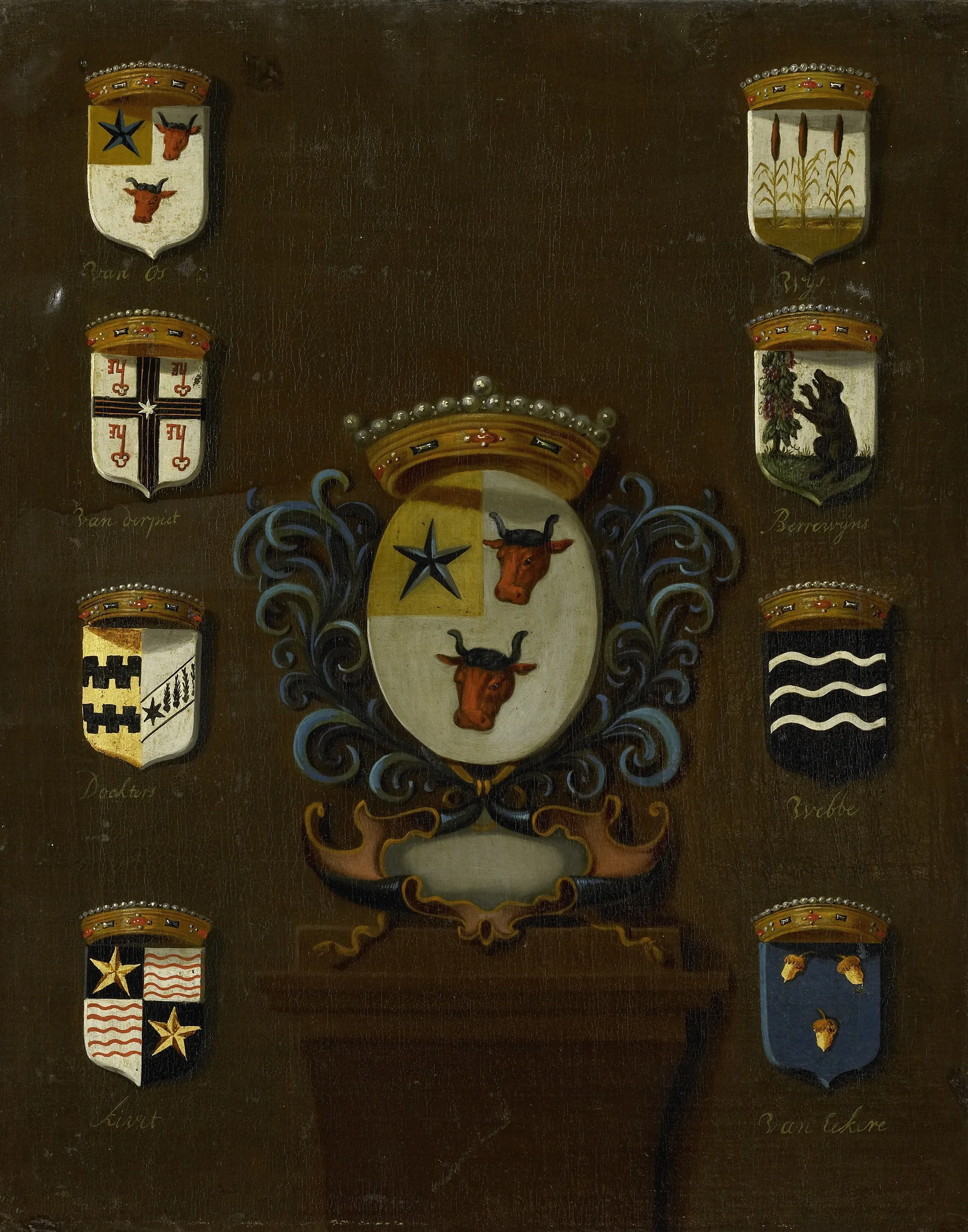 Coat of Arms of Sara van Os, Wife of Jan van Reyersbergh with its eight quarterings, detail
