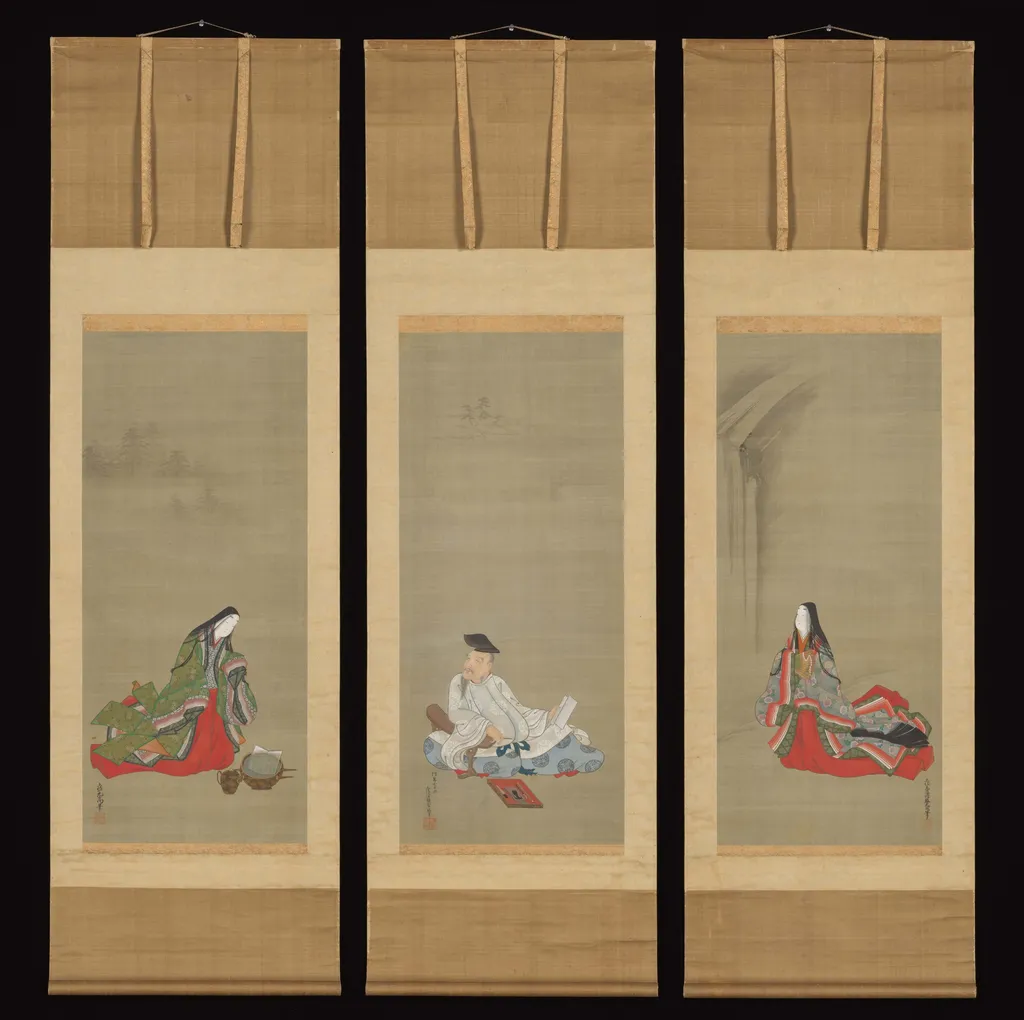 Portraits of Three Famous Poets: Hitomaro (M) ・Ise (R) ・Komachi (L), by Tosa Mitsuoki, unspecified