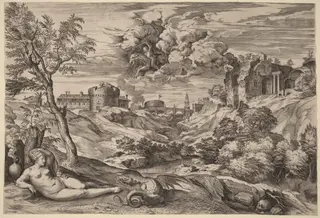 Landscape with Roger Liberating Angelica, by Cornelis Cort, ink, 1565
