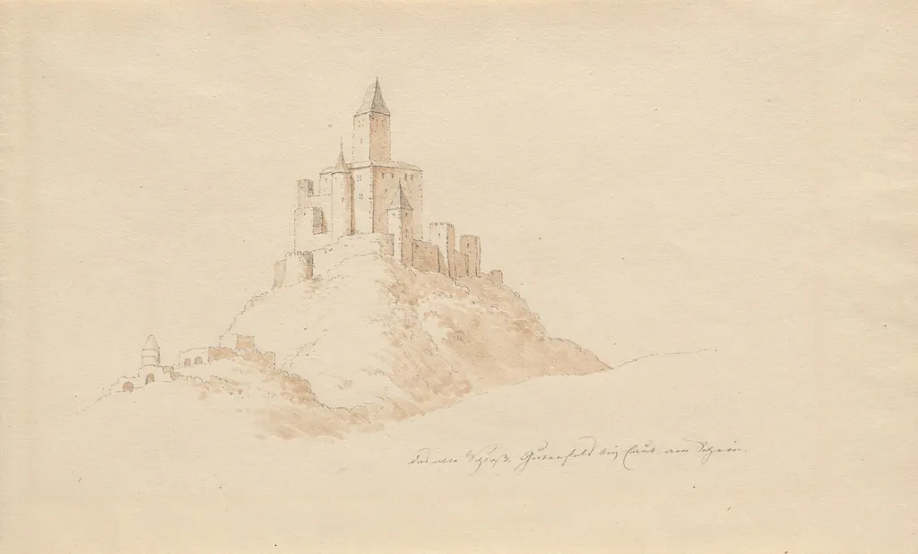 Das alte Schloss Gutenfeis bei Caub am Rhein, by Karl Julius von Leypold, graphite, 1840