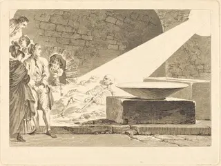 Fragonard and Bergeret with Their Wives Visiting a Tomb in Pompeii, by Claude-Mathieu Fessard, ink, 1781