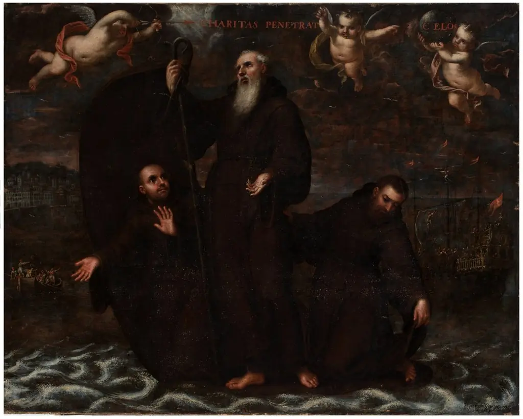 San Francisco de Paula y dos compañeros atraviesan el estrecho de Mesina sobre su manto, by José García Hidalgo, oil, 1633