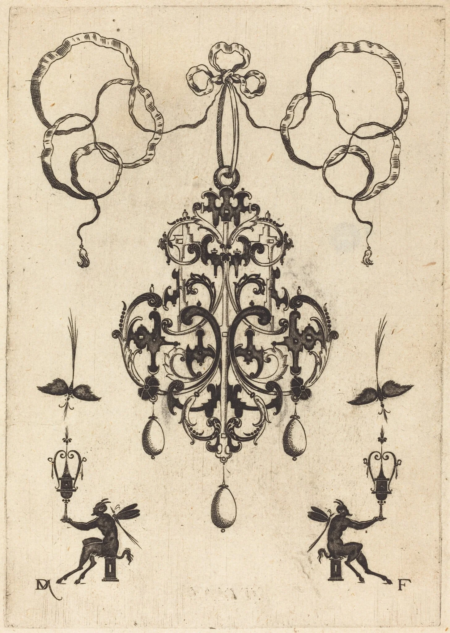 Large Pendant, Lower Left and Right Two Winged "Devils" Sitting on Pedestals, detail