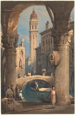 San Giorgio dei Greci, Seen from an Arcade, by Samuel Prout, ink, 1826