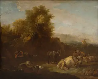 Landscape with Animals and a Shepherd, by Nicolaes Pieterszoon Berchem, oil, 1662