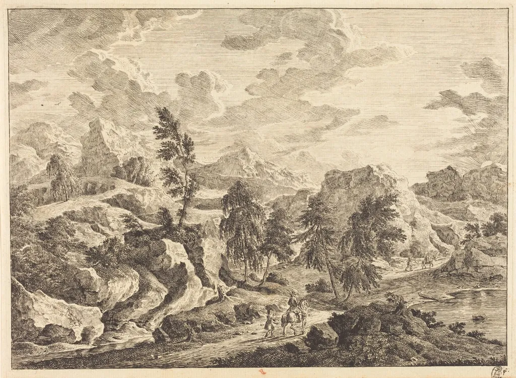 Landscape with the Rising Sun and a Rider with Attendant, by Georg Eisenmann, ink, 1772