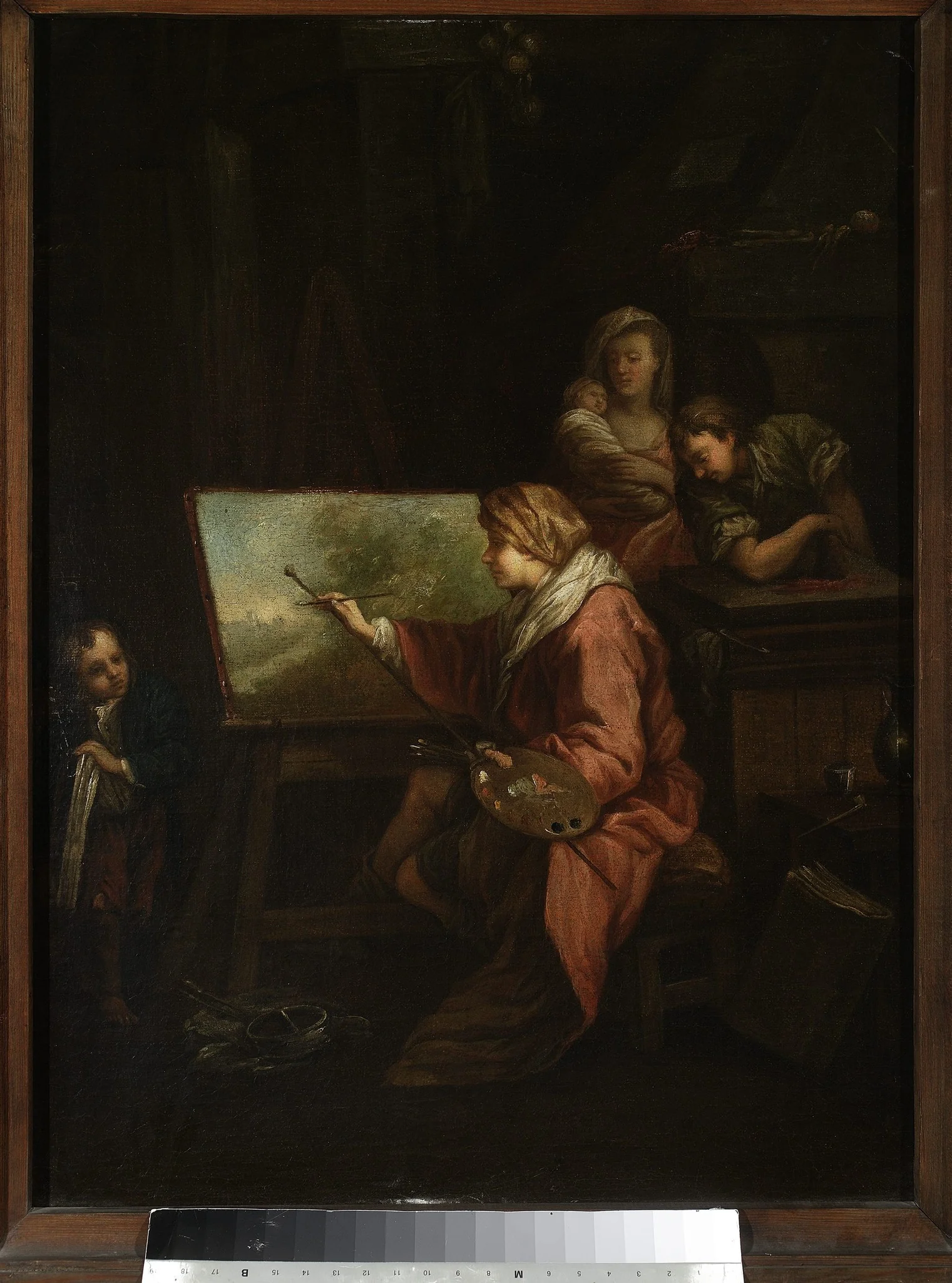 In the painter's studio (“Le peintre de paysage” or “Le peintre a son chevalet”), detail