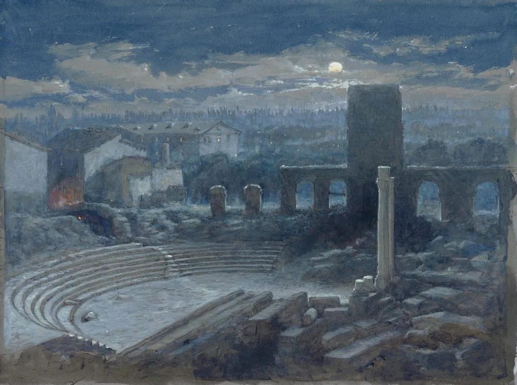 The Roman Theatre, Arles: moonlight, by George Henry Andrews, watercolor, 1840