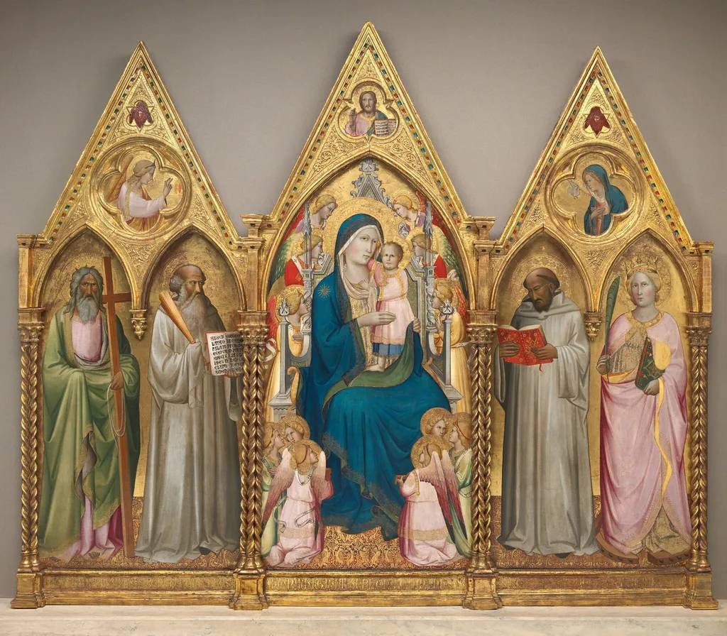 Madonna and Child with Saints Andrew, Benedict, Bernard, and Catherine of Alexandria with Angels [entire triptych], by Agnolo Gaddi, tempera, 1387