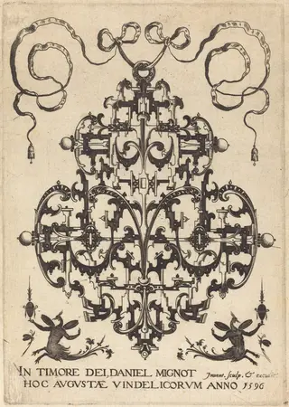 Title Page: Large Pendant, Two Winged Imaginary Figures at Bottom, by Daniel Mignot, ink, 1596