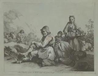 Seated Shepherd and a Peasant Woman with a Basket, by Francesco Londonio, ink, 1770