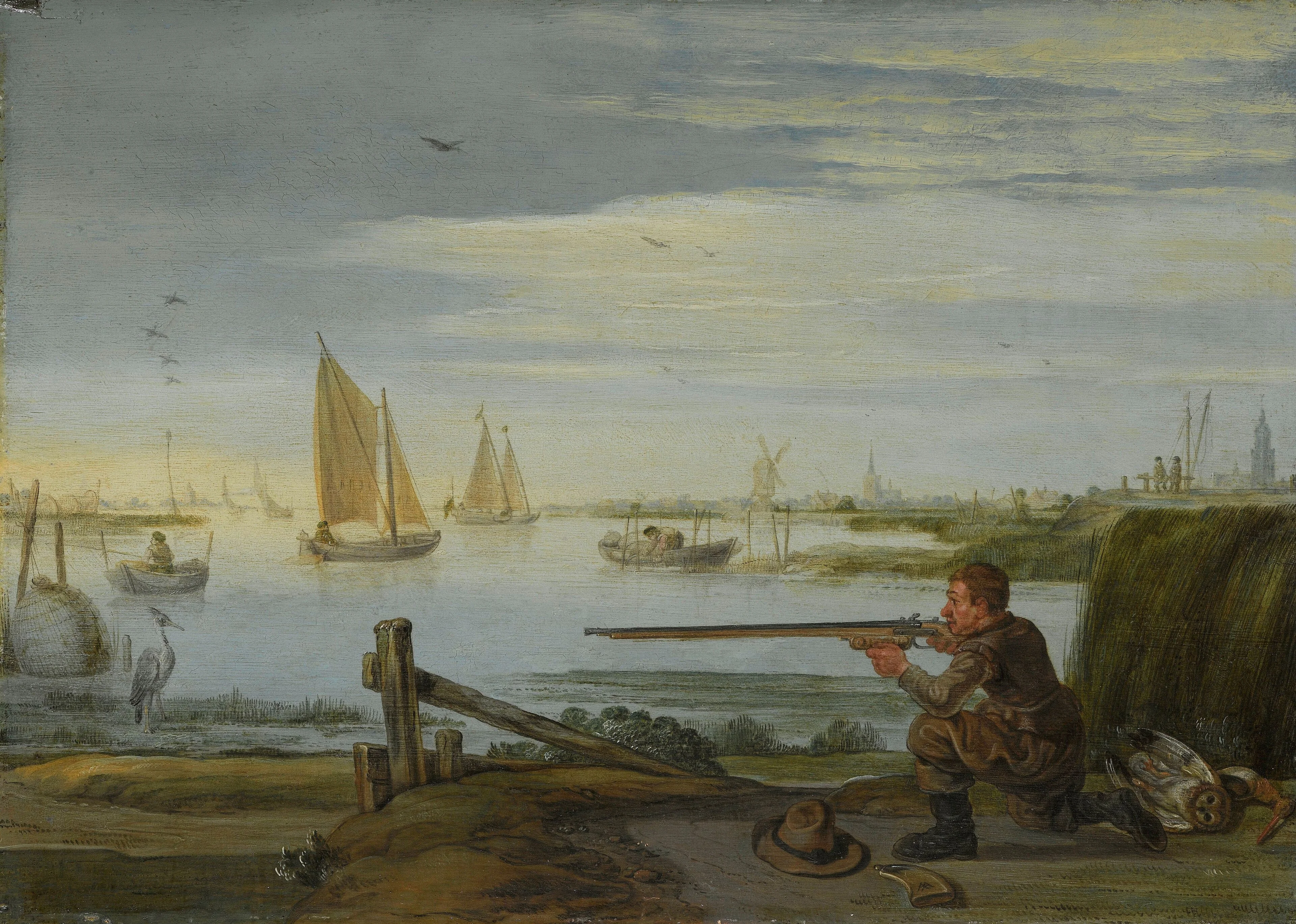 A bird hunter on a riverbank, detail