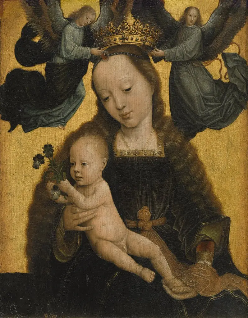 The Virgin and Child crowned by two Angels, by Gerard David, oil, 1520