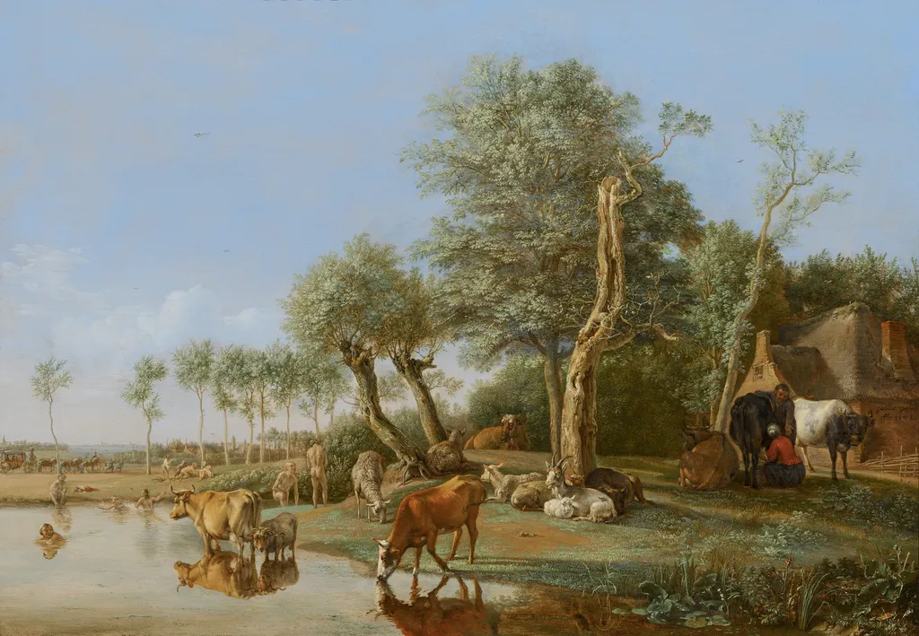 Cows reflected in the water, by Paulus Potter, oil, 1648