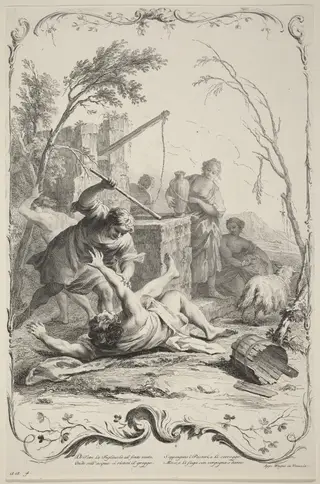Moses Striking a Shepherd, by Joseph Wagner, ink, 1745
