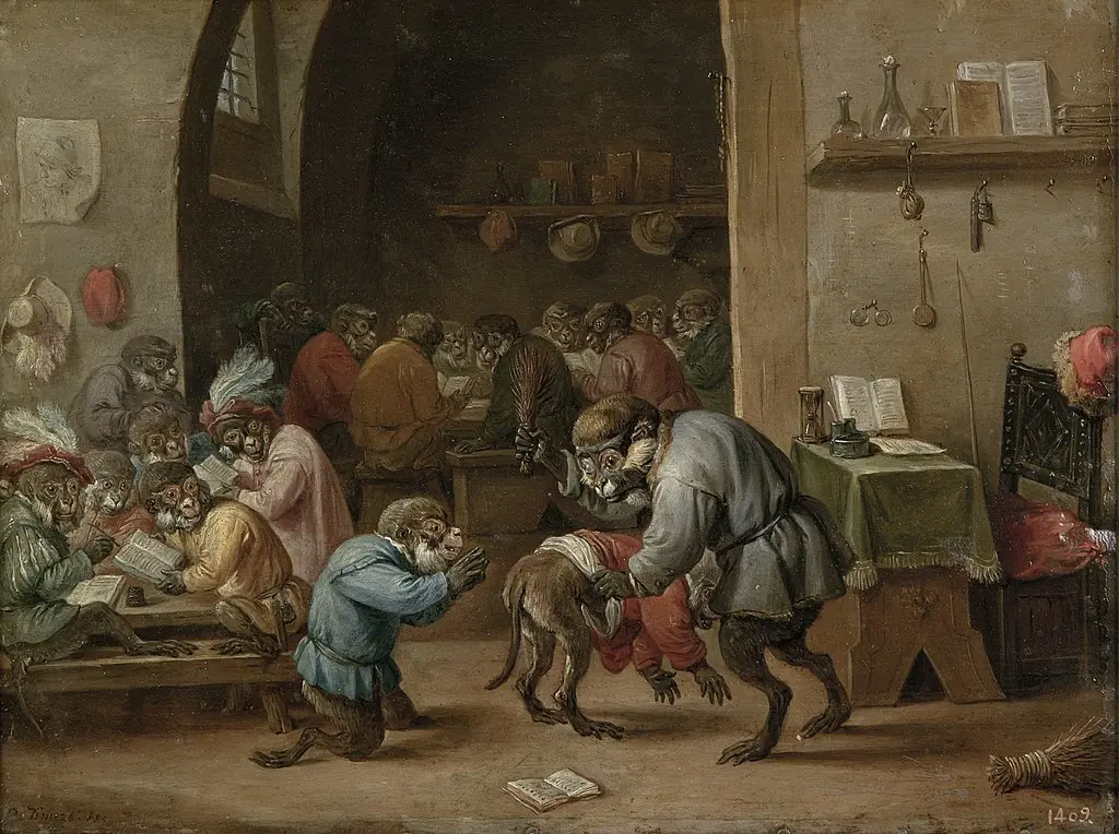 Monkeys in the school, by David Teniers the Younger, oil, 1660