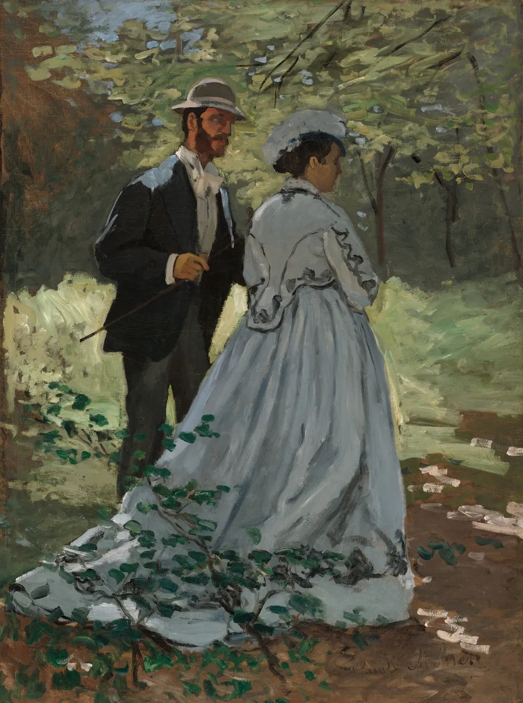 Bazille and Camille (Study for "Déjeuner sur l'Herbe"), by Claude Monet, oil, 1865