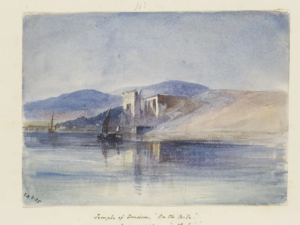 `Temple of Dendoor.  "On the Nile."  By Moonlight.  "Nubia", by George de Sausmarez, watercolor, 1855