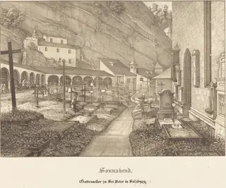 Sonnabend - Gottesacker zu St. Peter in Salzburg (Saturday - Graveyard of St. Peter's in Salzburg), by Ferdinand Olivier, ink, 1823