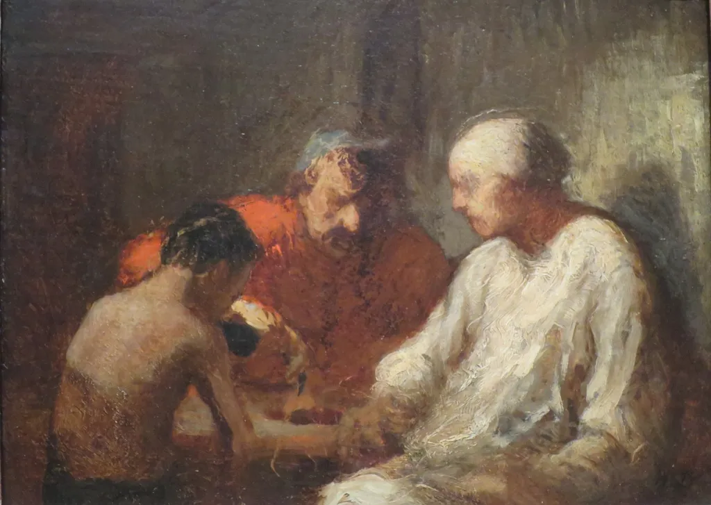 Study for “Saltimbanques Resting”, by Honoré Daumier, oil, 1866